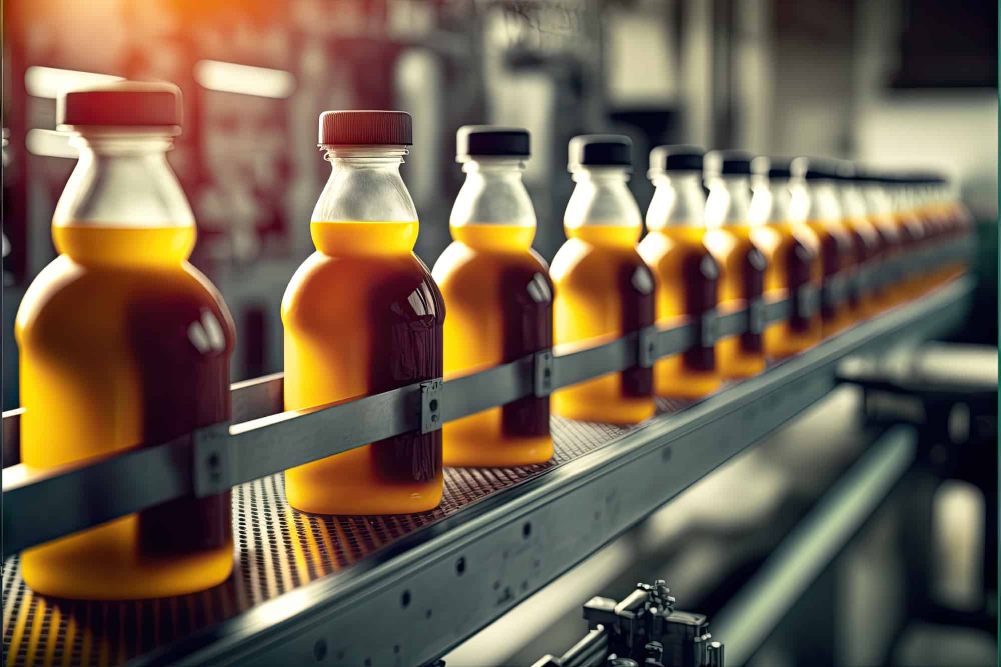 Line of bottles being processed in bottling factory